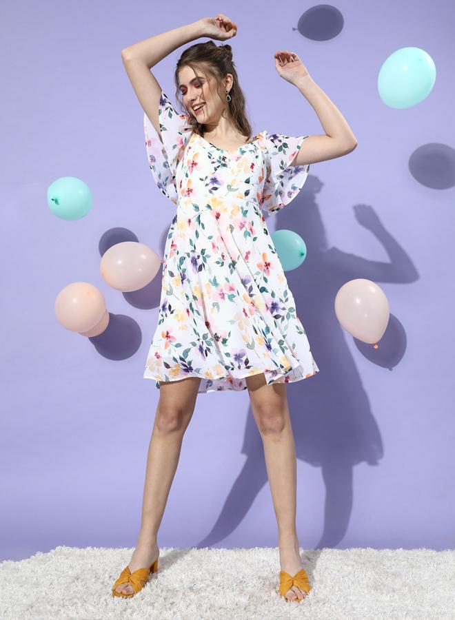 Mish Women White Floral Print A-Line Midi Dress - Image 5